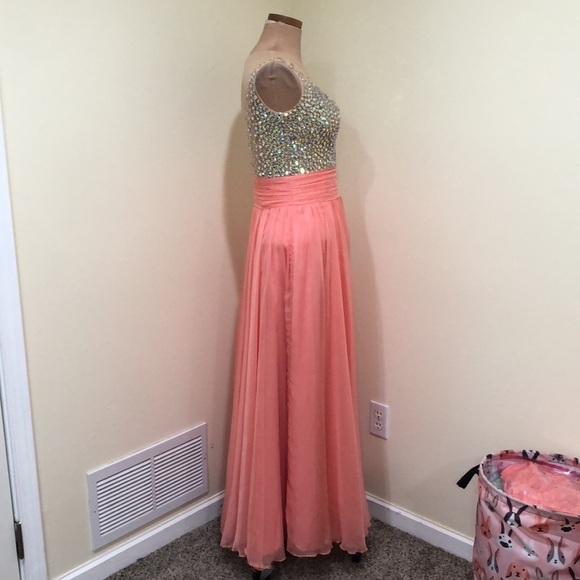 May Queen Prom Dress Size 2 Coral Pink Aurora Borealis Rhinestone Gown - Picture 4 of 9